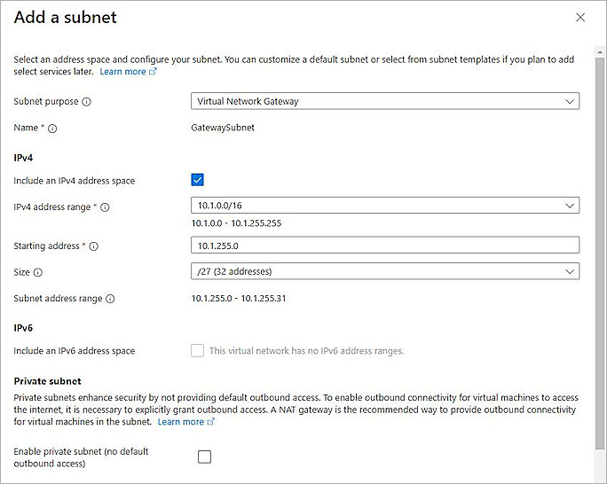 Screenshot of add a gateway subnet.